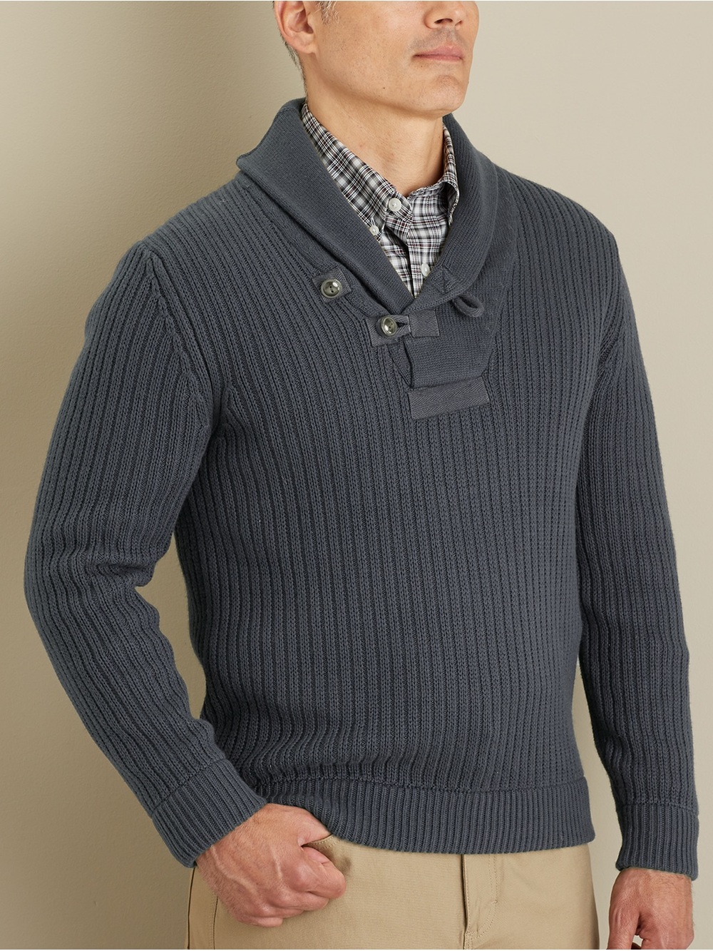 Duluth Trading Men's High Neck Infantry Sweater Blue Wool Ribbed Size XL Tall